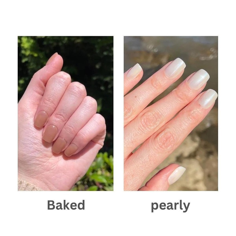 Two hands showcasing nails: one with a baked nude color and the other with a pearly finish against a natural setting.